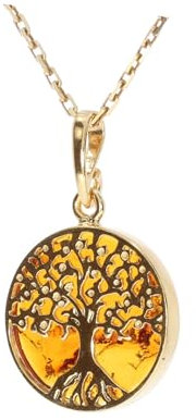 Artisana-Schmuck Pendentif Petit Arbre de Vie en Ambre et Argent Sterling 925/000 Plaqué Or (Sans Chaîne)