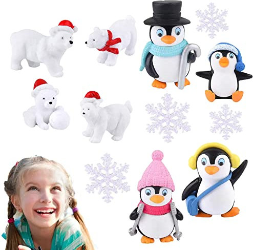 PMELCXD Süße Pinguin Eisbär Harz,12 Stücke Winter Harz Pinguin Eisbär Schneeflocken Miniatur Figur Spielzeug Mini Weihnachten Figuren für DIY Garten Wohnkultur Weihnachtsschmuck