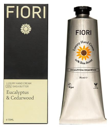 Fiori Eucalyptus & Cedar Wood Hand Cream (75ml) - Moisturizing Dry Hand Cream with Organic Shea Butter & Aloe Vera - Vegan Hand Moisturizer - Nourishing Hand Lotion - Luxurious Hand Care