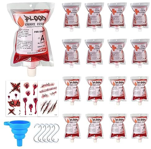 Halloween Blood Bag for Drinks, 16Pcs Blood Bag Drink Pouches for Halloween Festivals, 250ML Novelty Halloween Drinking Pouch Bag for Zombie Vampire Party, with Funnel and Hooks (Halloween Blood Bag)