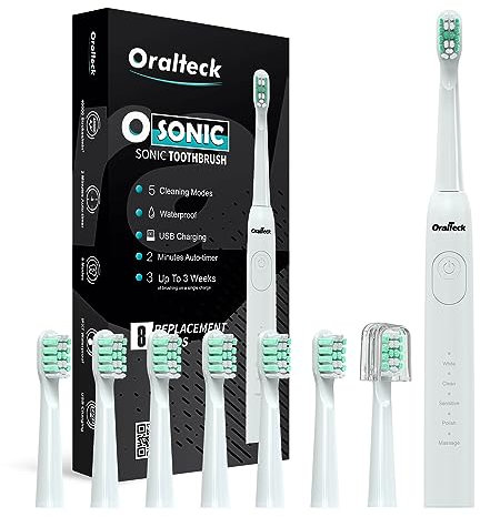 OSONIC Elektrische Schallzahnbürste Lieferumfang: 8 Bürstenköpfe, 5 Nutzungsmodi, Aufhellung in 2 Wochen, 2 Min. Timer, IPX8, Geeignet für Erwachsene und Kinder, USB-Ladefunktion (Weiß)
