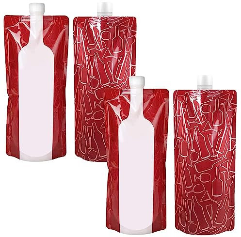 CNTOPONGLONG 4 PCS Foldable Wine Bag 750ML Plastic Wine Bottle Drink Pouch Foldable Liquor Beverages Wine Bottle Drink Pouches for Wine Liquor Beverages Travel Gift Travel Running Gym Camping