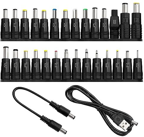 28 Types Adaptateur D'alimentation DC, KUOQIY 5.5x2.1 mm Femelle à Mâle Adaptateur, Barrel Jack Connecteur, avec 2 Pièces Câble, pour Ventilateurs, Routeurs, lampes de Bureau, Ordinateurs