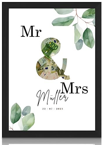 MilaBoo® personalisiertes Geldgeschenk Hochzeit - Mr&Mrs Geldgeschenk mit ausgestanztem & zum Geldverschenken mit Rahmen auf Hahnemühlen Papier Made in Germany A3 A4 A5 - Poster im braunen Umschlag