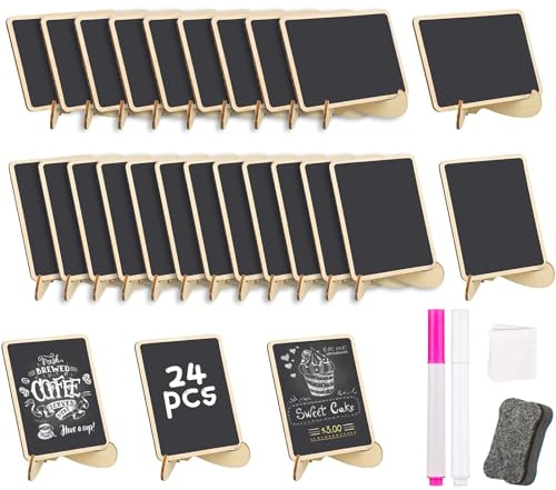 DOQNL 24Pcs Mini Chalkboard with Marker Pens, Eraser and Cleaning Cloth | Mini Blackboard, Party Food Labels Place Cards, Small Blackboard for School, Party, Table Numbers, Food Signs