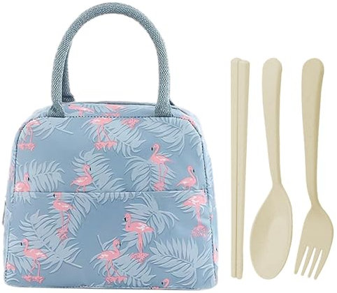 MEMOFYND Sac à Déjeuner Flamant Rose Avec 3 Couverts Beiges - Portable, Grande Capacité, Isotherme - Sac de Pique-Nique Pratique