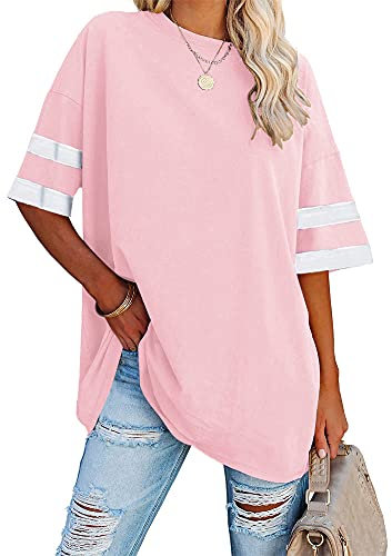 Ebifin Damen Oversize T Shirt Rundhals Kurzärmeliges Tops Casual Lockere Basic Sommer Tee Shirts Bluse.Rosa.L