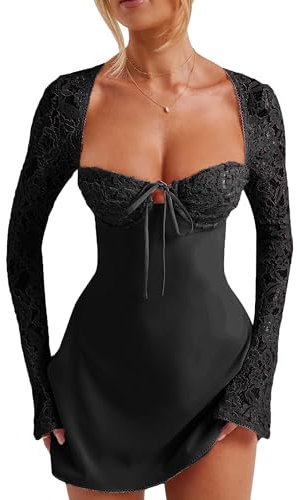 SANSIWU Women Mini Dress,Low-Cut Long Sleeve Backless Tie-up Lace Patchwork Short Dress Cocktail A-line Dress Clubwear Streetwear (Black, L)