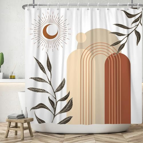 ASDCXZ Boho Duschvorhang 180x180 cm, Modern Abstrakt Boho Style Schwarz Blätter Braun Mond Beige Weiß Bad Waschbar Duschvorhänge Polyester Textil Wasserdicht Badevorhang für Badewanne mit 12 Haken