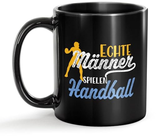 Tassendruck Schwarze Tasse mit Spruch - Echte Männer Spielen Handball - Geschenkideen für Sportler, Geschenk für Handballer, Handballspieler | Tasse für Männer, Hochglänzend Schwarz, 300 ml