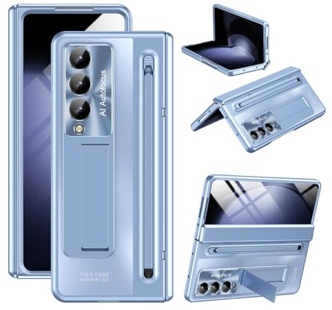 Miimall Coque pour Samsung Galaxy Z Fold 4, Coque Antichoc avec Protection de L'écran Trempé et Protection de la Charnière avec Support Caché et Stylet pour Samsung Galaxy Z Fold 4 (Bleu)