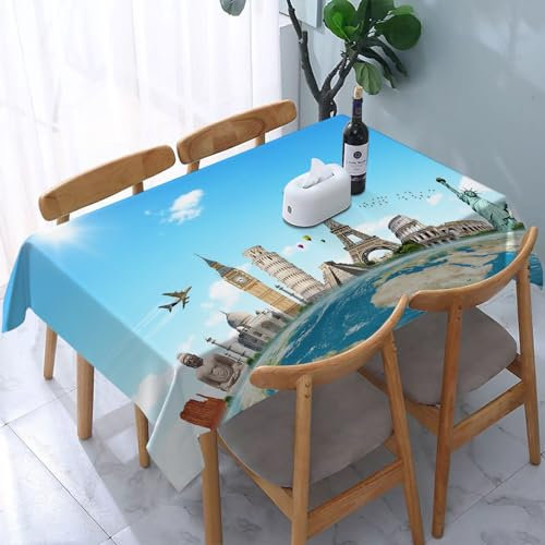 DOHXQM Mantel Rectangular de Cocina,Fácil de Limpiar,famosos Monumentos de Pisa Taj Mahal Pirámides de Giza Tema de Monumentos,Elegante Cubierta de Mesa Lavable Resistente para Bodas Buffet,137x274 cm