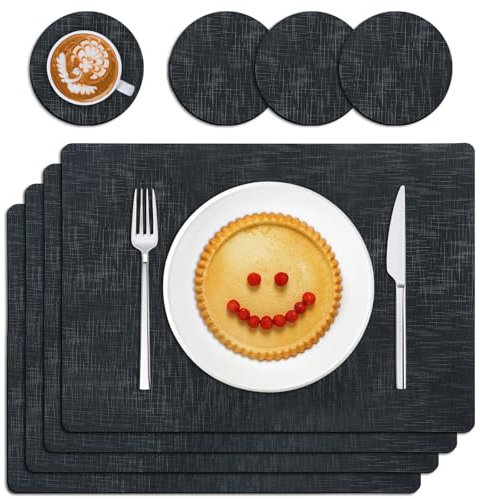 TOPAHGOD Square Faux Leather Placemats and Coaster Set of 4, Non-Slip Stain Resistant Washable Artificial Leather Table mats, Dual Sided Heat Resistant Place Mats for picnics/parties/dinners (Black)