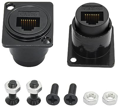Riertostng Lot de 2 connecteurs RJ45 pour montage de panneau, type D RJ45 Cat6 femelle vers femelle par prise femelle avec vis, adaptateur réseau RJ45 Ethernet