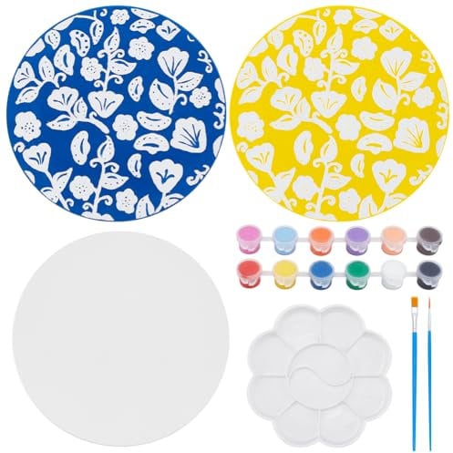 WEBEEDY 2 Sets 15.2cm DIY Ceramic Plates to Paint Blank Ceramic Plate Painting Kit for Adults to Paint Your Own Ceramics Plate Include Paint and Brushes for Gift Fun Activity Home Decor