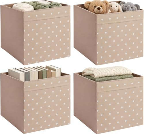 Drona Fabric Storage Box Insert - Dotted Beige - 33x38x33cm - Foldable and Durable Cube Organizer for Shelves, Closets, and Home Storage, pack of 4