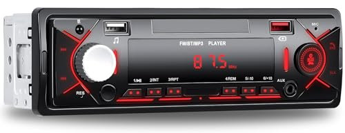 CAMECHO Single-Din Car Stereo Bluetooth 5.0, 1 Din Car Radio, FM Radio, MP3 Player, Red illumination, Dual USB Port, Hands-Free Calling, TF Card/AUX Input