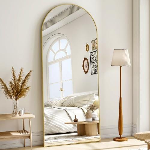 BEAUTYPEAK Bogen Ganzkörperspiegel 173x55 cm, Gewölbter Standspiegel hängend oder lehnend an die Wand, groß Bodenspiegel mit Ständer für Schlafzimmer, Wohnzimmer oder Ankleidezimmer, Gold