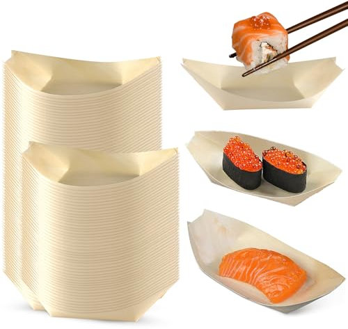 Ronyes 100 PCS Disposable Bamboo Boat Plates 17 x 8.5cm, Eco-Friendly Wooden Serving Boats for Sushi, Appetisers, Charcuterie, Wood Plates for Party, Wedding, Picnic
