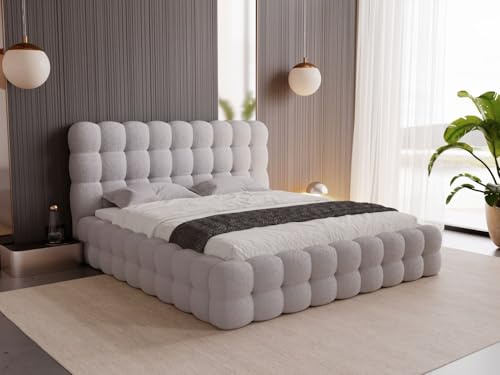 GRAINGOLD Twist Bett 140x200, Polsterbett mit Bettkasten, Polsterbett mit Stauraum, Bouclé-Stoff, mit Lattenrost, mit Kopfteil, ohne Matratze (Grau, 140x200)