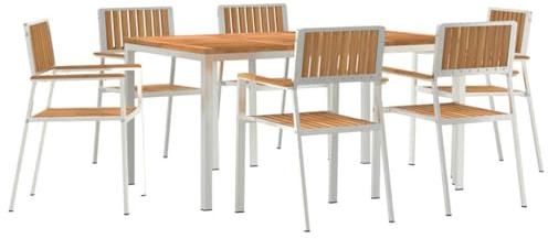vidaXL Garten Essgruppe 7 pcs Braun Teak-Massivholz, Garten und Terrasse, modernes Essensemble, für gesellige Runden, rostfreies, Freizeitmöbel