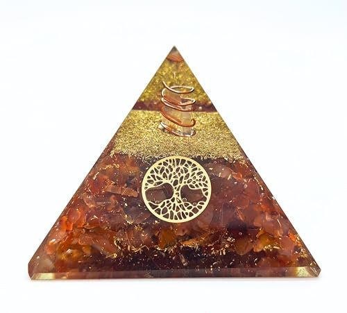 Orgonite piramide con vere pietre preziose, armonizzazione energetica con pietre curative, spirale in rame, albero della vita, protezione energetica, armonia (corniola (rossa), 6 x 6 cm)