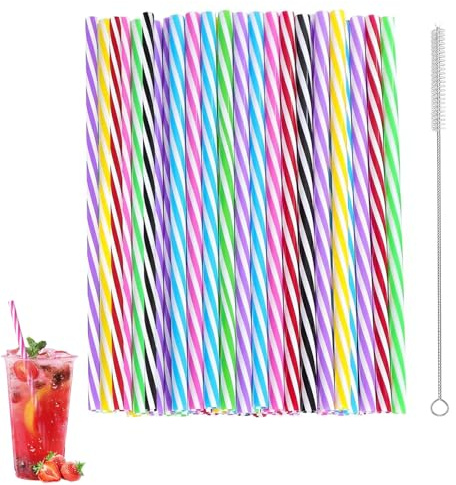 OYUUJII Reusable Plastic Straws,60 Pcs Multicolor Drinking Straws with Cleaning Brushes Straw Drinking Plastic Reusable Cocktail Straw for Smoothies,Juice,Cocktail,Hot Drink