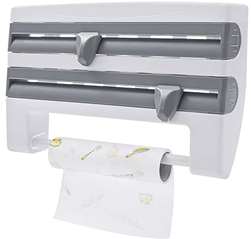 TouSuaRSi Wandrollenhalter Küchenrollenhalter Papierrollenhalter 3-Fach Folienschneider Schneidabroller Rollenhalter Küche HIPS Alufolienspender und Frischhalte | Papierhandtuchlänge: Bis zu 27 cm