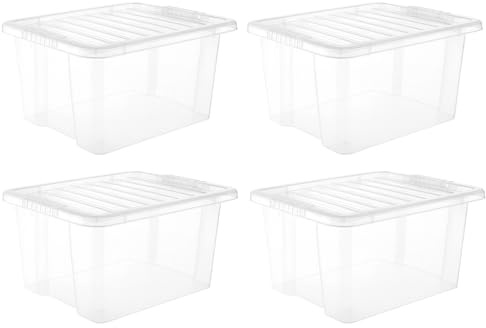 STASH’D STORAGE 30L or 50L Plastic Storage Box with Lid – Pack of 3 or 4 Stackable Large Clear Storage Boxes – Durable for Home, Office & Garage Organisation (Clear, 30 Litre (4 Pack))