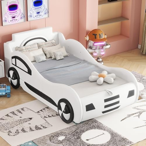 Easexcy Flachbett, 90 x 200cm, Bett mit Lattenrost (ohne Matratze), Modell Autobett, Autobett, Kinderbett, Kinderbett mit Unterbettstauraum (Weiß)