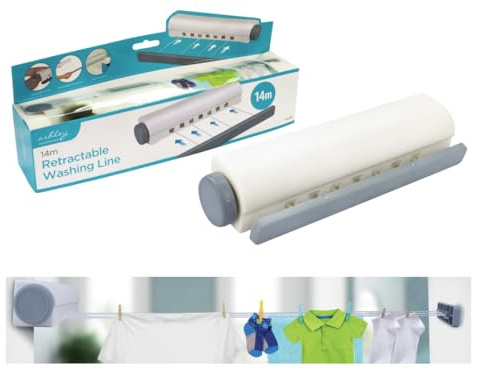 Ashley Housewares BB-RA228 14m Retractable Washing Line Wall Mounted for Indoor and Outdoor Compact 4 Lines - White