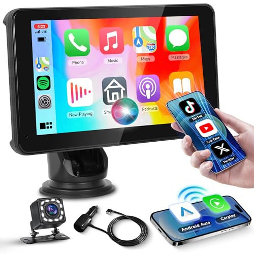 Rimoody Portable Wireless Carplay Screen with Backup Camera Android Auto | 7 Inch Touch Screen Portable Car play Screen Car Stereo Bluetooth FM Transmitter Mirror Link Voice control AUX Cable