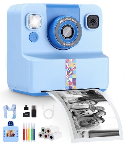 Cámara instantánea para niños, 1080P HD, cámara instantánea, SD de 32 GB | con impresión instantánea, 5 rollos de papel fotográfico, regalo para niñas y niños a partir de 3 – 12 años