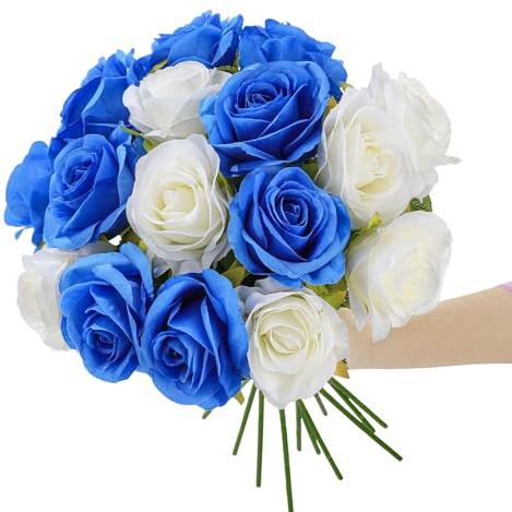 saerryor 32 Pcs Artificial Roses, Fake Roses Artificial Flowers, with Stems Fake Artificial White Blue Roses Silk Flowers, for Home Garden Party Hotel Office Decor
