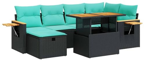 vidaXL 7 Piece Garden Sofa Set with Cushions Brown Poly Rattan Acacia, outdoor sofa set, garden lounge set, poly rattan sofa set, patio sofa set