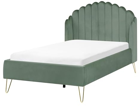 Beliani Velvet Bed Frame Shell Headboard EU Small Double Size 4ft Metal Legs Green Ambillou