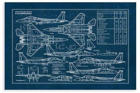 QZFNCOYU F-15 E Strike Eagle, Blueprint-Poster, Leinwand-Poster, Wandkunst, Dekordruck, Bild Gemälde für Wohnzimmer, Schlafzimmer, Dekoration, 40 x 60 cm