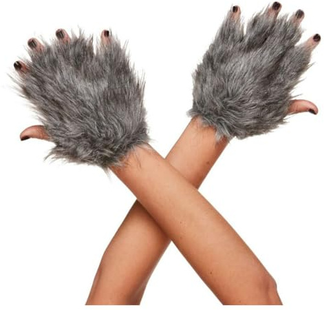 BrightGlow Faux Wolf Pfoten Handschuhe Wolf Plüsch Fingerhandschuhe Flauschige Klaue Handschuhe Pelzhandschuhe Kostüm Cosplay Zubehör Halloween Weihnachten Party Karneval Grau Einheitsgröße