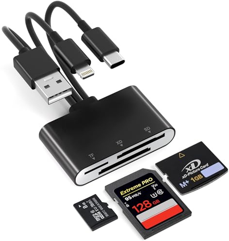 Lettore Schede XD, Adattatore SD per iPhone, Adattatore Schede di Memoria SD/TF/XD 3 in 1 per Dispositivi Lightning/USB C/USB A, Lettore TF Card per iPhone 17/16/15/14, iPad, MacBook, Android, PC