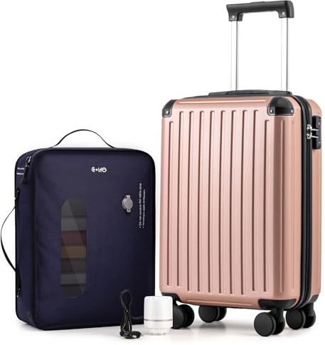 COOLIFE Valise cabine 55 x 35 x 20 cm pour avion Ryanair Bagage à main Bagage cabine valise rigide avec serrure TSA et 4 roulettes jumelées, Or rose, Vakuum-55x35x20cm+Pumpe, Ryan Airlines Bag Sac de