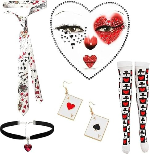 Sdhgerh 7 Stück Spielkarten Damen Kostüm Set, Herzkönigin Kostüm mit Pokerkarten Halterlose Strümpfe Krawatte Ohrringe Choker Halsband, Casino Party Outfit für Karneval Cosplay Party