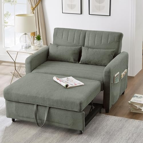 Schlafsofa 2 Sitzer Ausziehbar Leinen Couch mit Schlaffunktion 3-Pos. Verstellbar Stabiler Holz-Metall-Rahmen Inkl. 2 Kissen Gästebett Kleine Räume Sofa Bed Loveseat