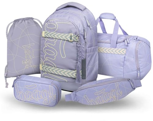 Baagl Schulrucksack Set Mädchen Teenager 5 Teilig 30 l - Mishmash | Ergonomischer Schulranzen mit Skateboard Rucksack Skate MAX, Mäppchen, Turnbeutel, Sporttasche und Bauchtasche für Schule.