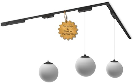 MNK_solution LED Schienensystem Komplettset 3 Glas Pendelleuchte Schwarz | Zigbee dimmbar – Hängelampe Esstisch – moderne Hängeleuchte für Wohnzimmer, Küche, Esszimmer – Lichtschienensystem Kugellampe