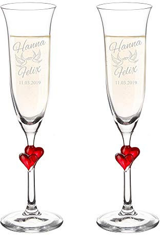 AMAVEL Set de 2 flûtes à Champagne avec cœur Rouge et Gravure pour Le Mariage, Motif tourtereaux, Personnalisées avec Noms et Date, Coupe en Verre, Volume env. 175 ML