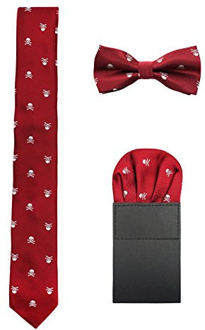 WANYING Herren 6cm Krawatte & Gebundene Fliege & Einstecktuch 3 in 1 Set Yuppie Trendmode Casual Cool - Totenkopf Pattern Bordeaux Rot