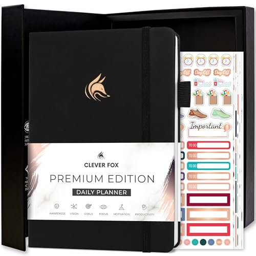 Clever Fox Planer täglich Premium Edition - Undatierter Luxuriöser Tagesplaner mit Stundenplan, Persönlichem Organizer, Produktivitäts- und Zieljournal, A5-Format, 6 Monate Haltbar - Schwarz