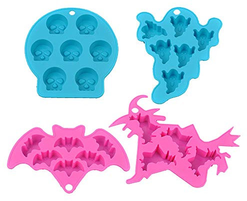 Homo Trends 4-Piece Skull Ice Cube Tray, Halloween Chocolate Mould, Silicone, Blue, Pink, 4PCS