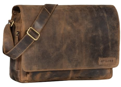 STILORD 'Rick' Schultertasche Leder für 15,6 Zoll Laptop Umhängetasche Aktentasche Bürotasche Unitasche Büffel-Leder, Farbe:calais - braun
