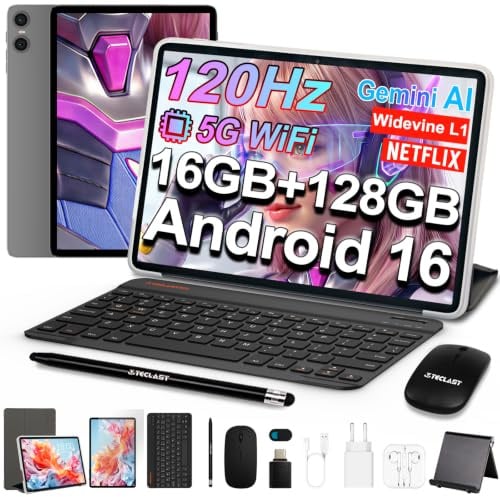 TECLAST P30T 120Hz Tablet 10 Android 16, 2GHz 16GB+128GB con 10 Accessoris | Gemini AI, TF 5TB, Octa-Core, 5G WiFi, Widevine L1, GPS, GMS/OTG/6000mAh, Tablets con Tastiera+Custodia+Penna+Mouse+Supporto